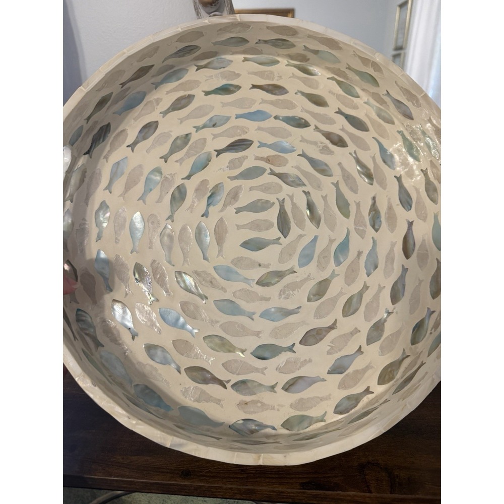 14" Mother of Pearl Fish Mosaic Decorative Tray Bowl Coastal Nautical Vietnam